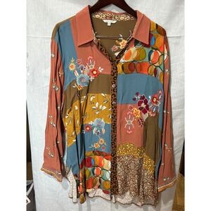 JOHN MARK 2X Patchwork Embroidered Floral Long Sleeve Button Up Shirt Festival